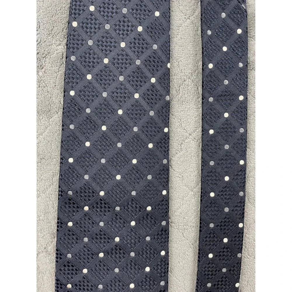 XMI Platinum Men Silk Tie Navy Blue Polka Dot Geometric Basketweave Handmade USA
